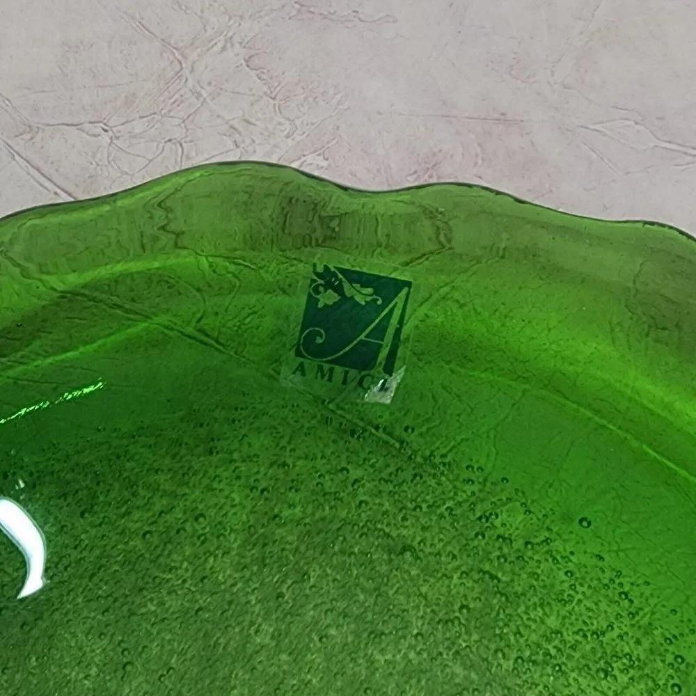 Vintage AMICI 11.5 Long Fish Shape Plate Dish Italian‎ Bubble Green Art Glass